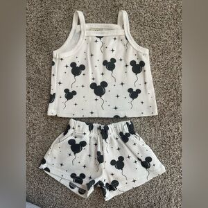 White Ribbed Tank & Shorts Set with Black Mickey Balloon Print